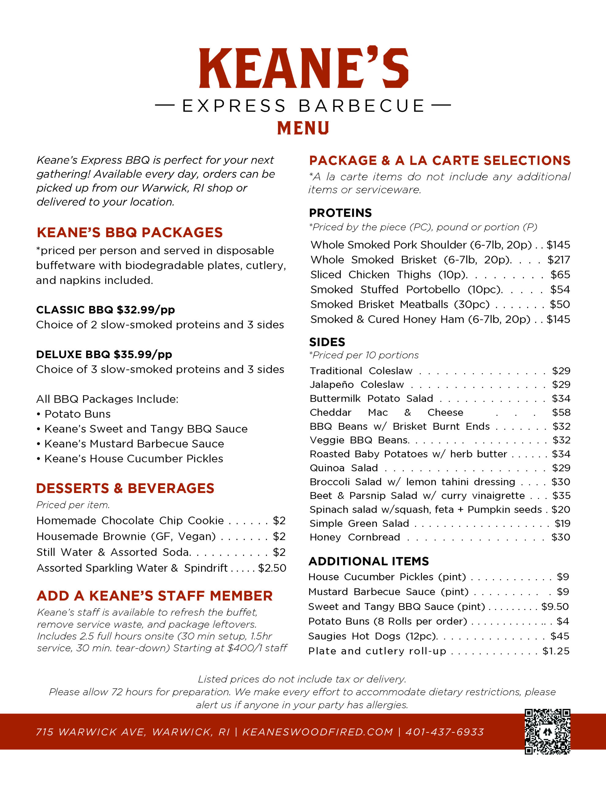 Keane's woodfired barbeque express menu spring and summer 25